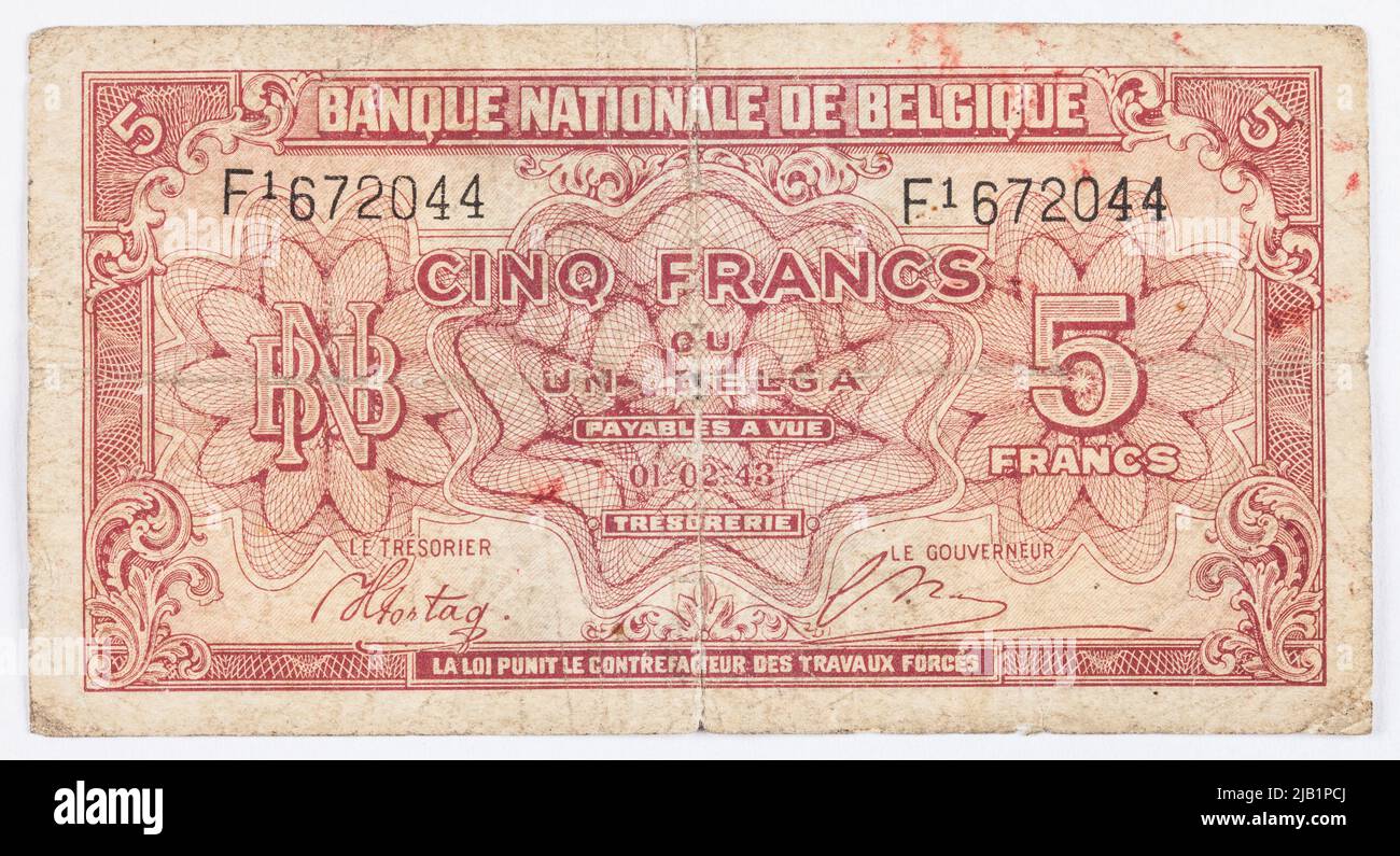 Banknot na 5 francs = 1 Belga; National Bank of Belgium, Belgia, 1.02,1943 (1944). Stock Photo