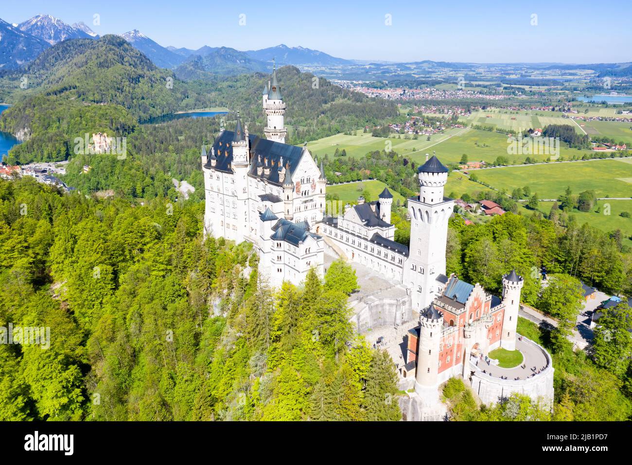 Schloss Neuschwanstein castle aerial view Alps landscape travel palace in Bavaria Germany Stock Photo