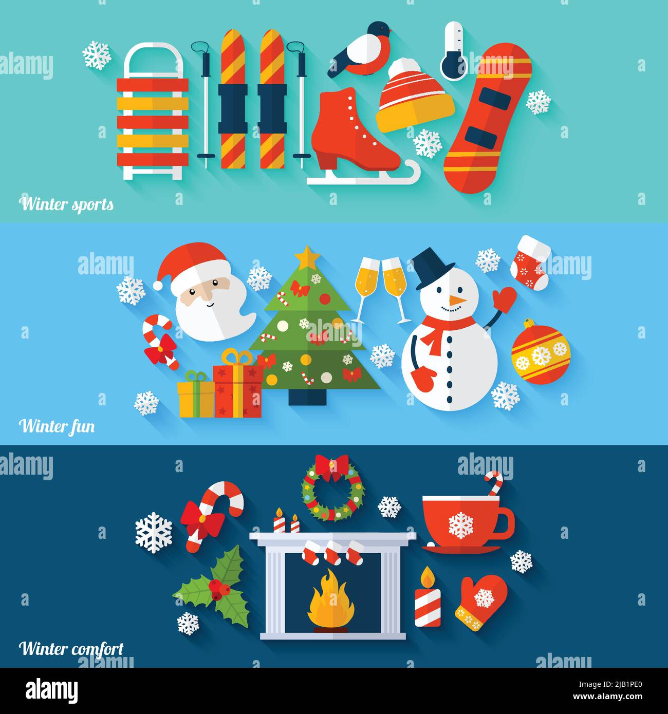 Winter sports fun comfort flat banners set isolated vector illustration ...