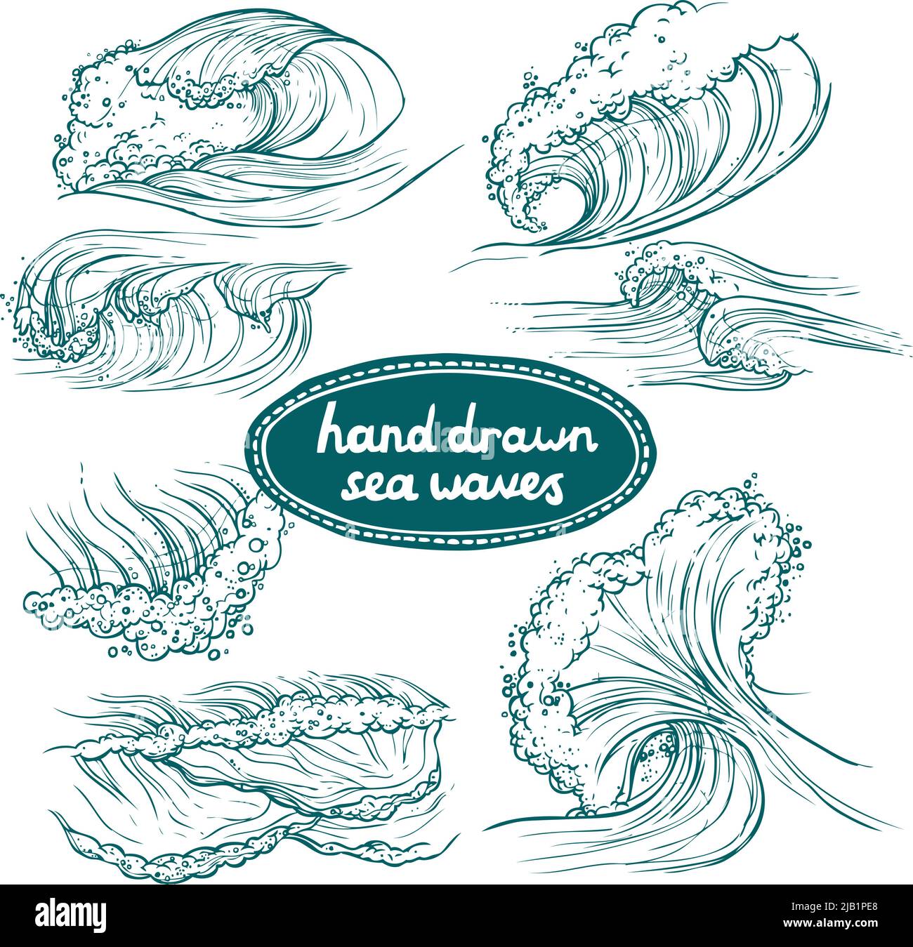 Waves flowing water hand drawn sea ocean icons set isolated vector ...
