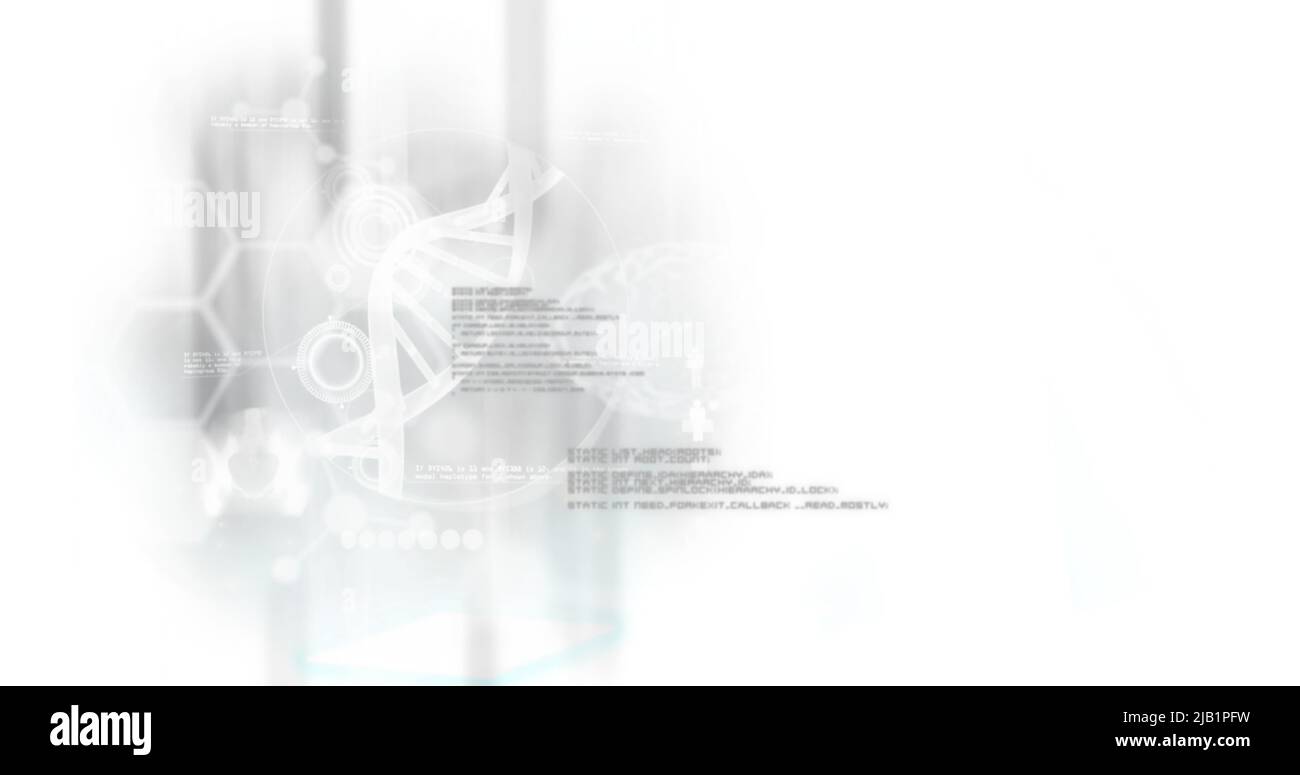 Image of scientific data processing over dna strand spinning Stock Photo