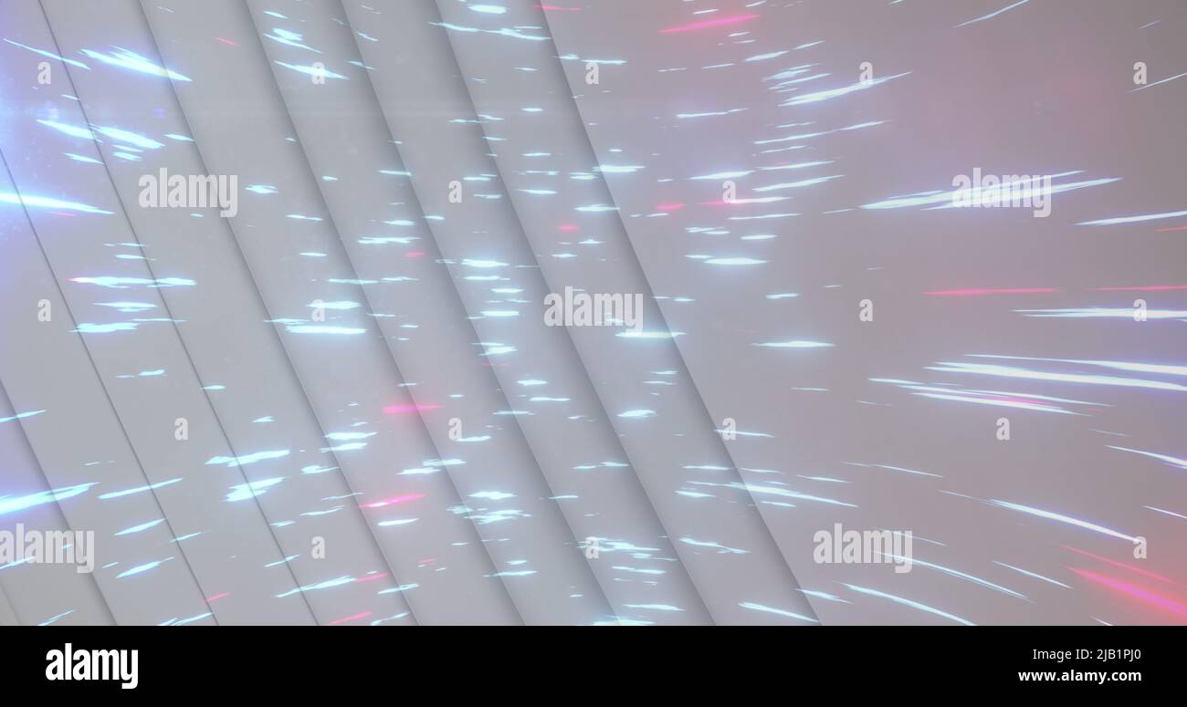 Image of light trails over white circles Stock Photo