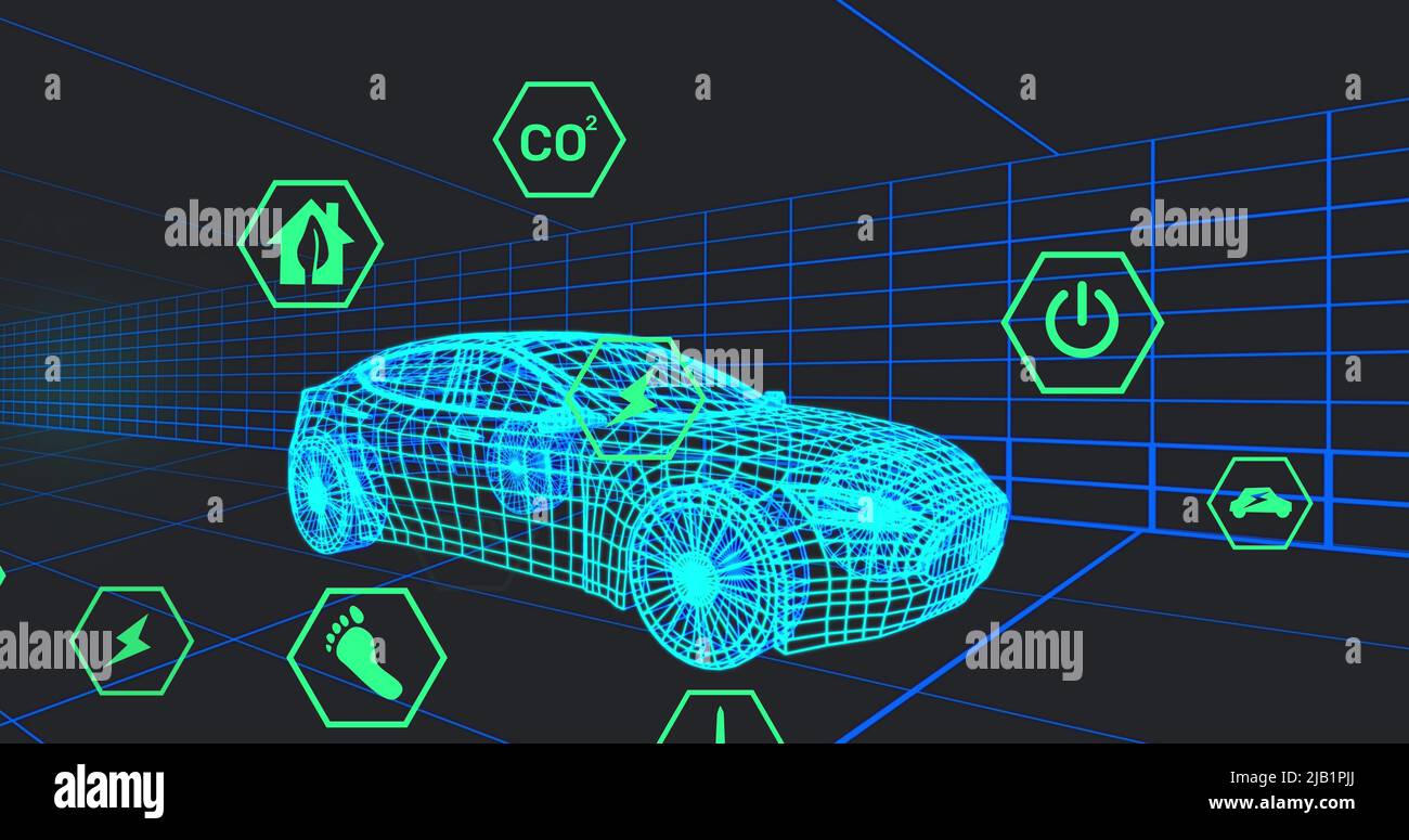 Image of icons processing status data over 3d car model moving on black ...