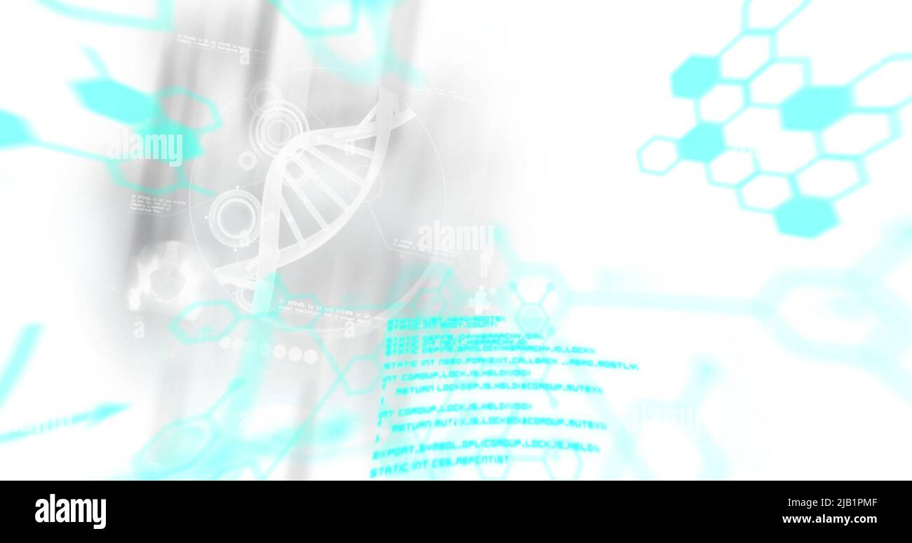 Image of dna strand over data processing Stock Photo
