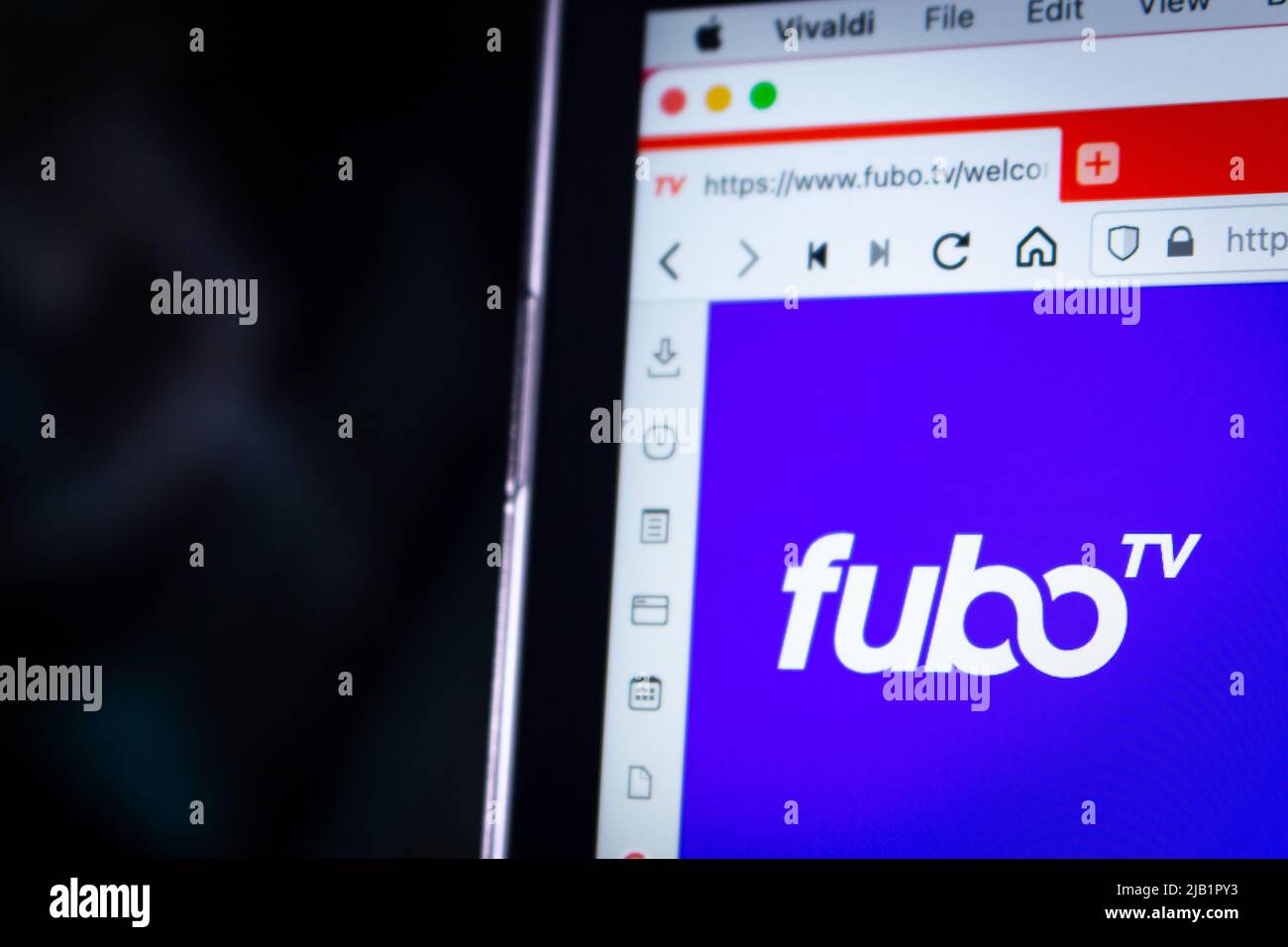 Kumamoto, JAPAN - Sep 6 2021 : Logo of FoboTV, a sports focused live TV streaming service, on official website on laptop. Stock Photo