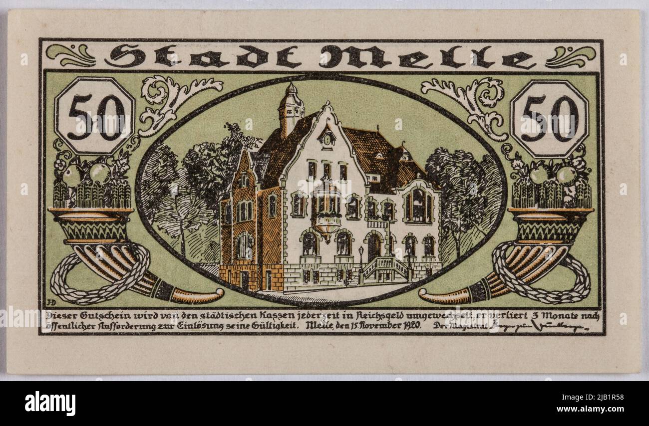 Replacement voucher for 50 Pfennig, Stadt, Melle, Germany, 15.11.1920. Stock Photo