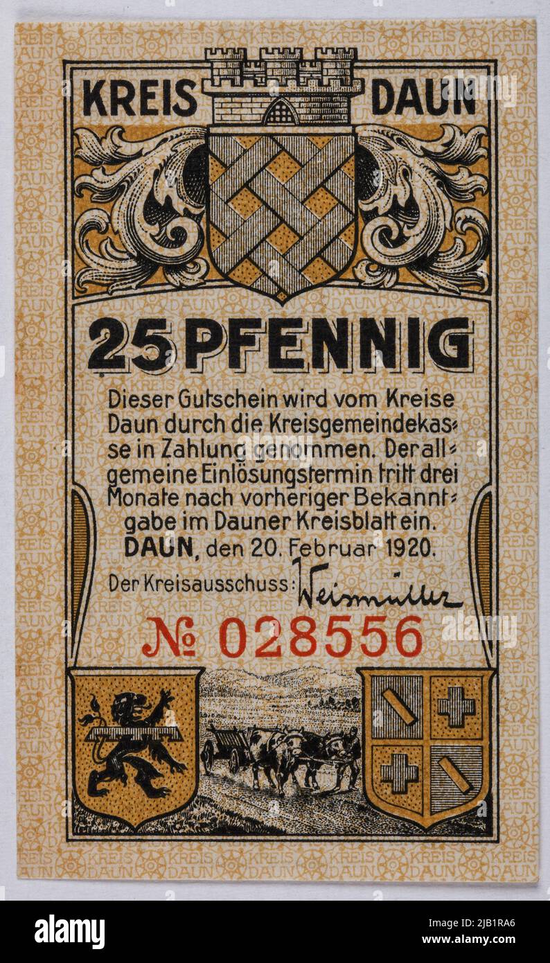 Replacement Voucher AT 25 Pfennig, Kreis, Daun, Germany, February 20, 1920. Carl locks & shakes, gaps Stock Photo
