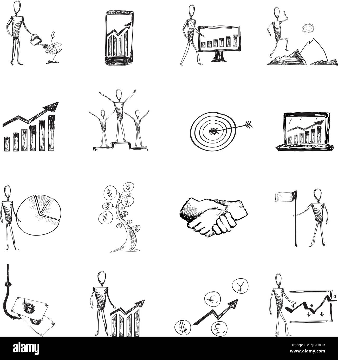 Sketch business organization management process people icons set isolated vector illustration Stock Vector
