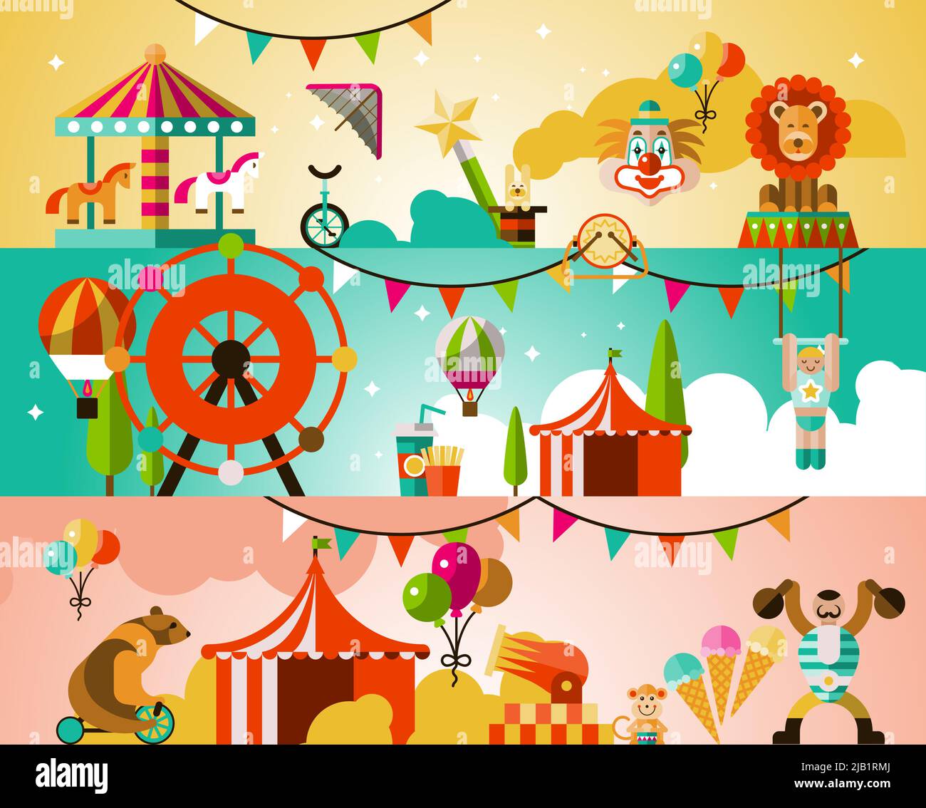 Circus entertainment attractions performances background with jugglers athletes animals vector illustration Stock Vector
