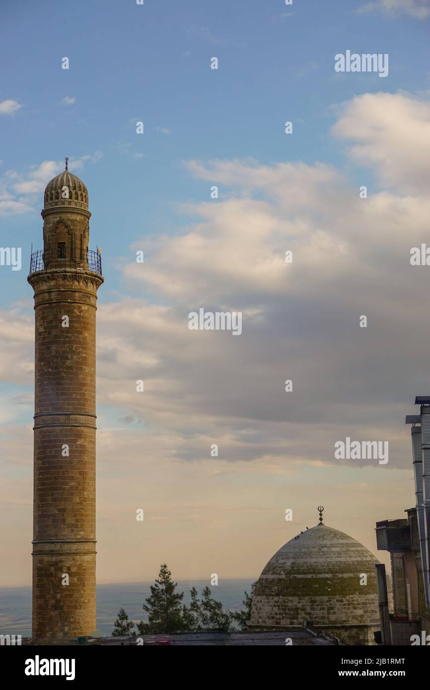 Artuklu Mardin, Turkey 7 May 2022 Mardin landscape at sunset with minaret of Ulu Cami, also known as Great mosque of Mardin Stock Photo