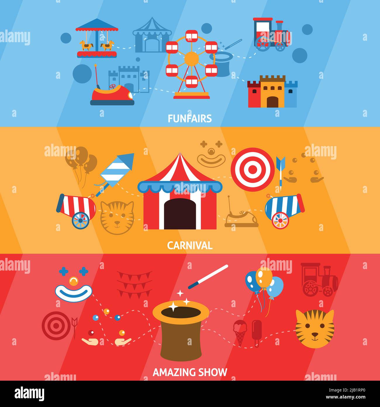 Amusement park flat horizontal banner set with funfairs carnival ...