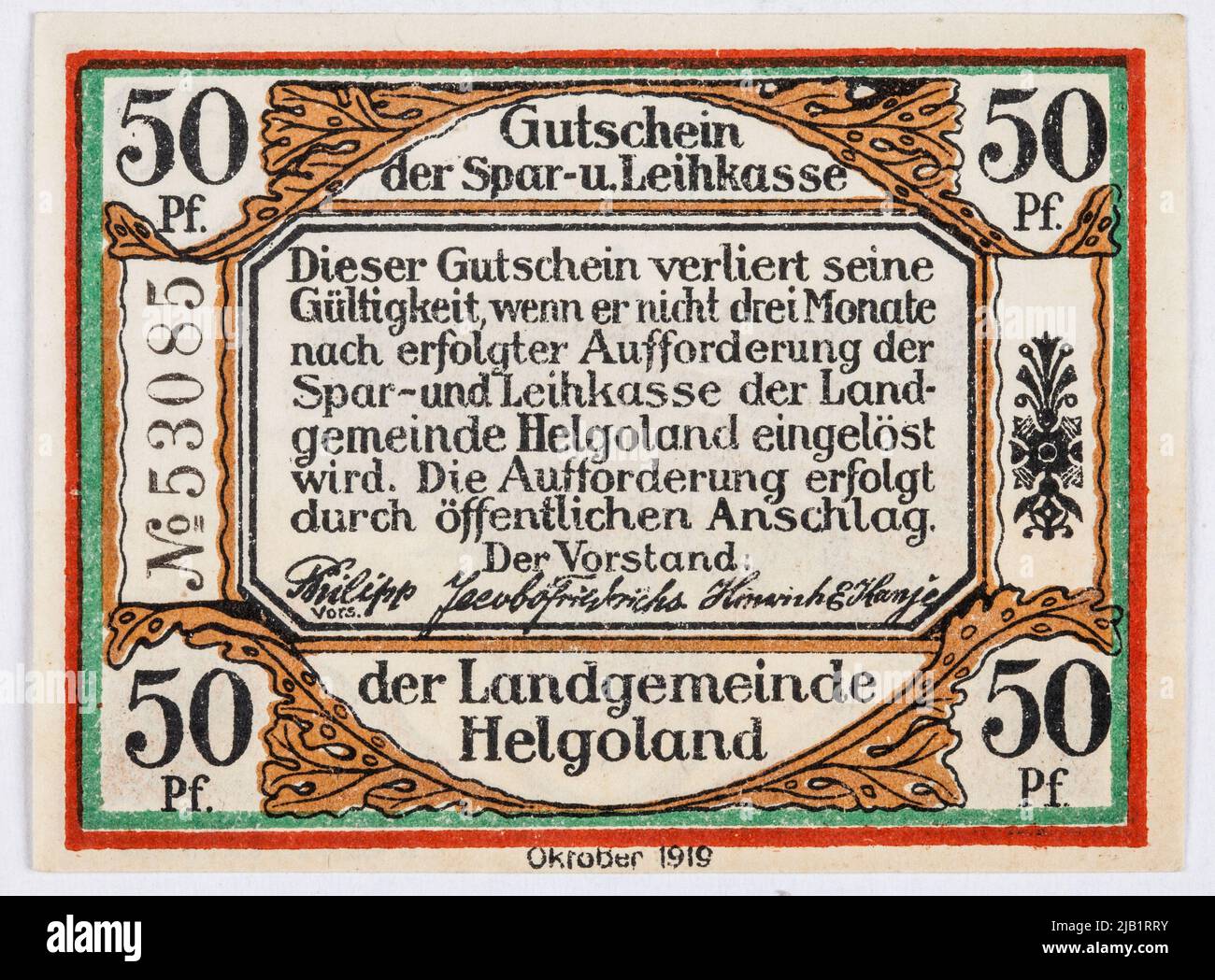 Foster Voucher AT 50 Pfennig, savings fund Leihkasse of the rural community, Helgoland, Germany, October 1919 H. W. Köbner, Altona Stock Photo