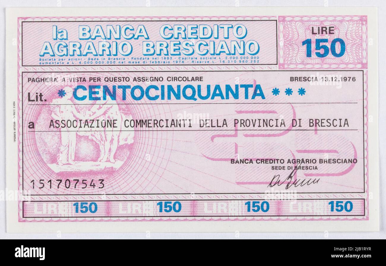 Bon (Mini Checks) Na 150 Lire, The Banca Credito Agriculti Bresciano, Brescia, Włochy, 13.12.1976. Artisan typography of Capriate d'Adda Stock Photo