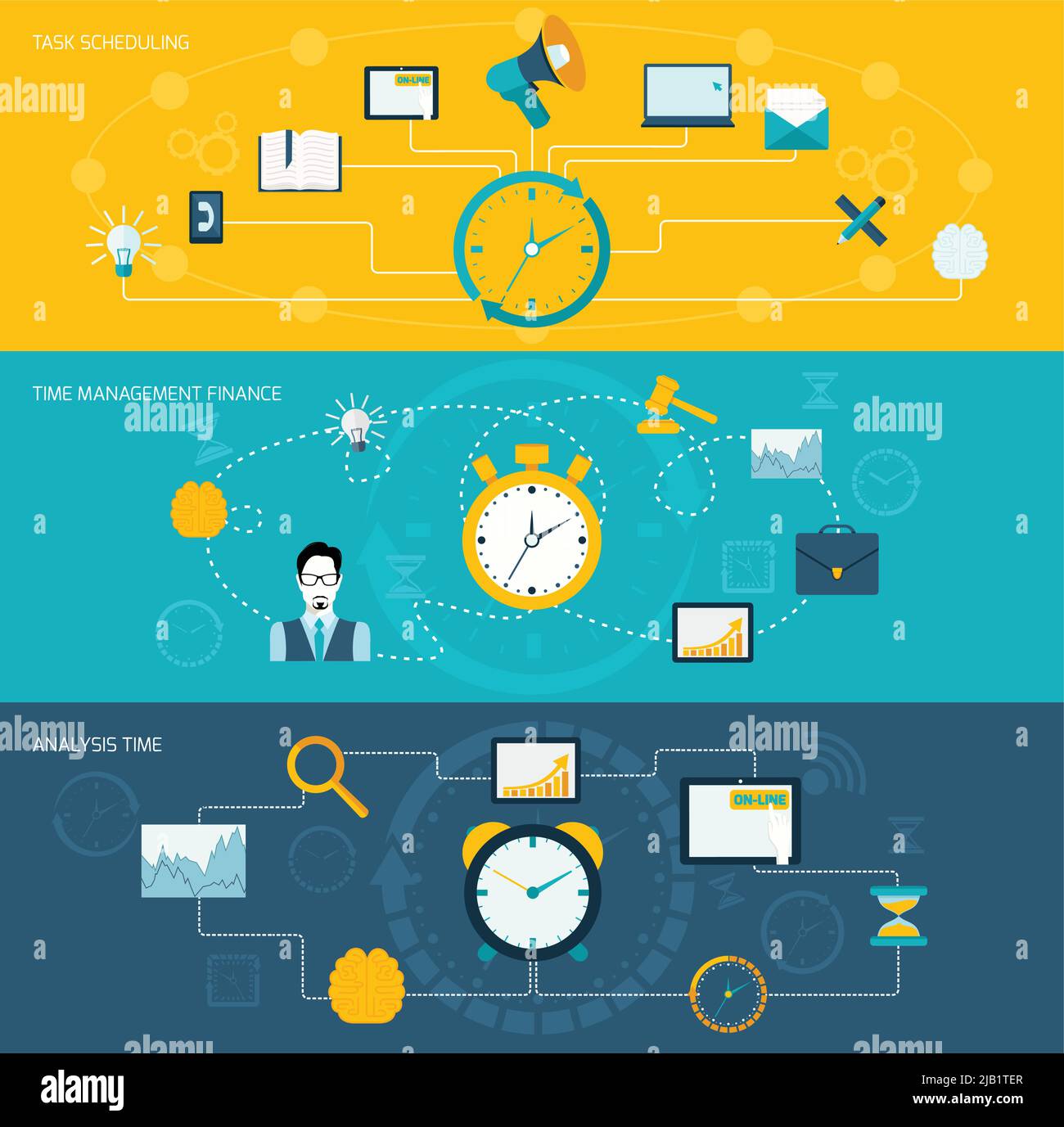 Time management flat banner set with task scheduling finance analysis set isolated vector illustration. Stock Vector