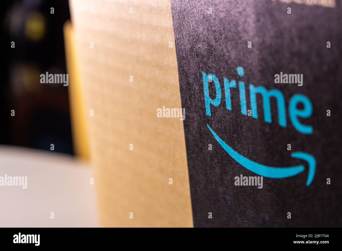 Kumamoto, JAPAN - Aug 10 2021 : Amazon Prime logo printed on cardboard box. Amazon Prime is a paid subscription program from Amazon.com Stock Photo