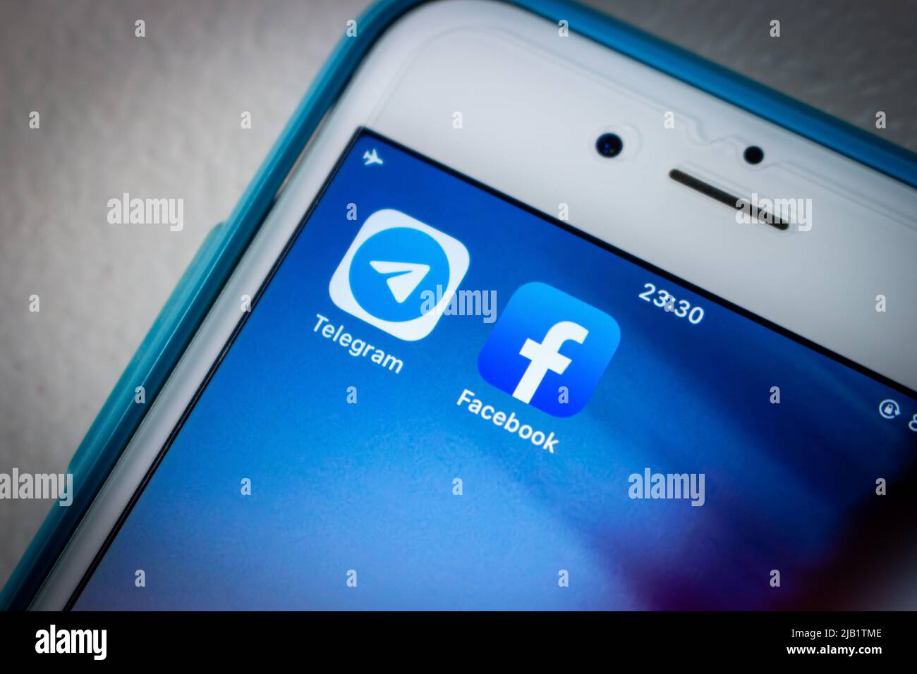 Kumamoto, JAPAN - Oct 12 2021 : Telegram & Facebook on iPhone in dark. Pavel Durov announced it gained 70m new users in the day of FB outage on Oct 4 Stock Photo