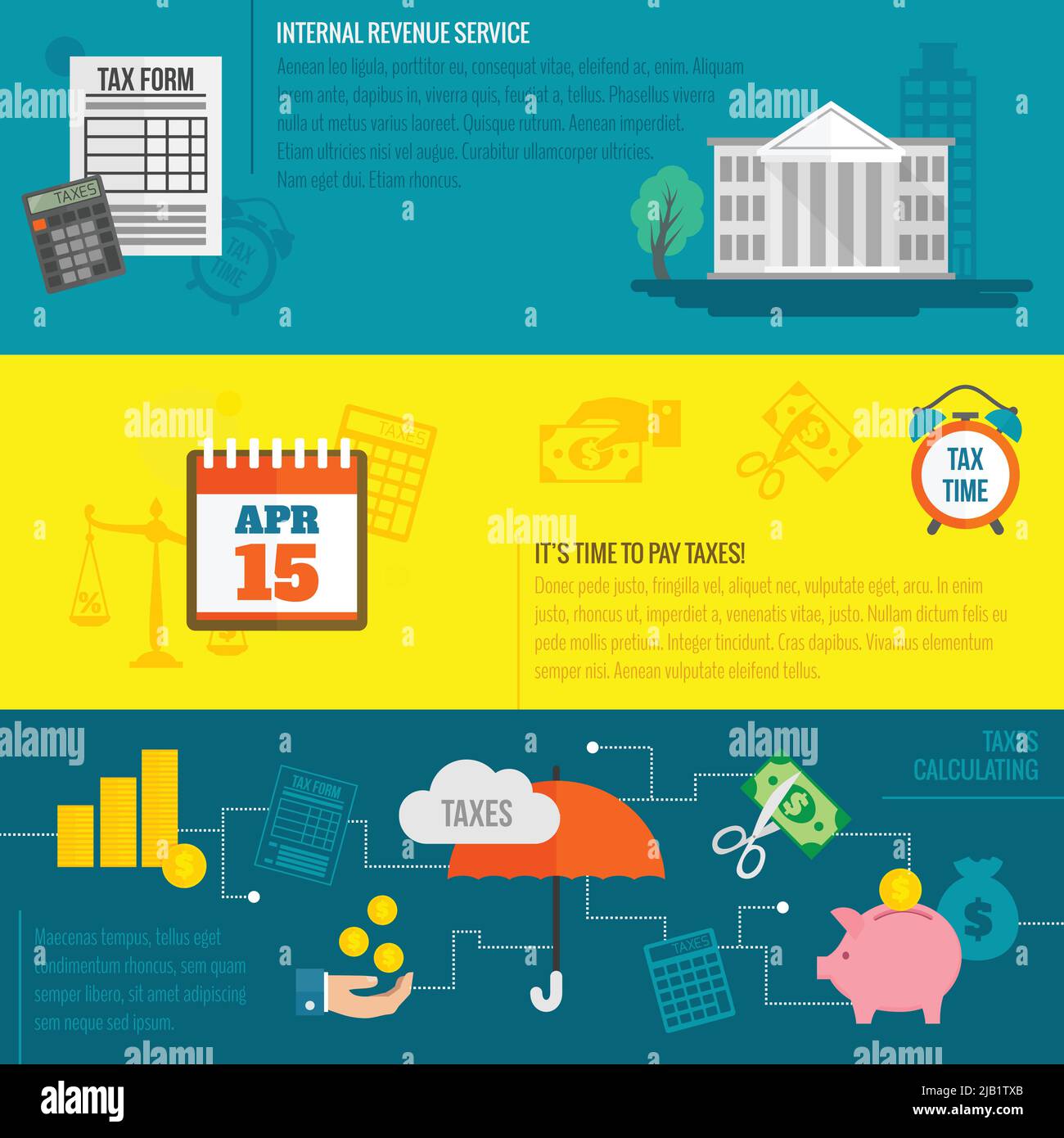 Tax flat banner set with internal revenue service time calculation isolated vector illustration. Stock Vector