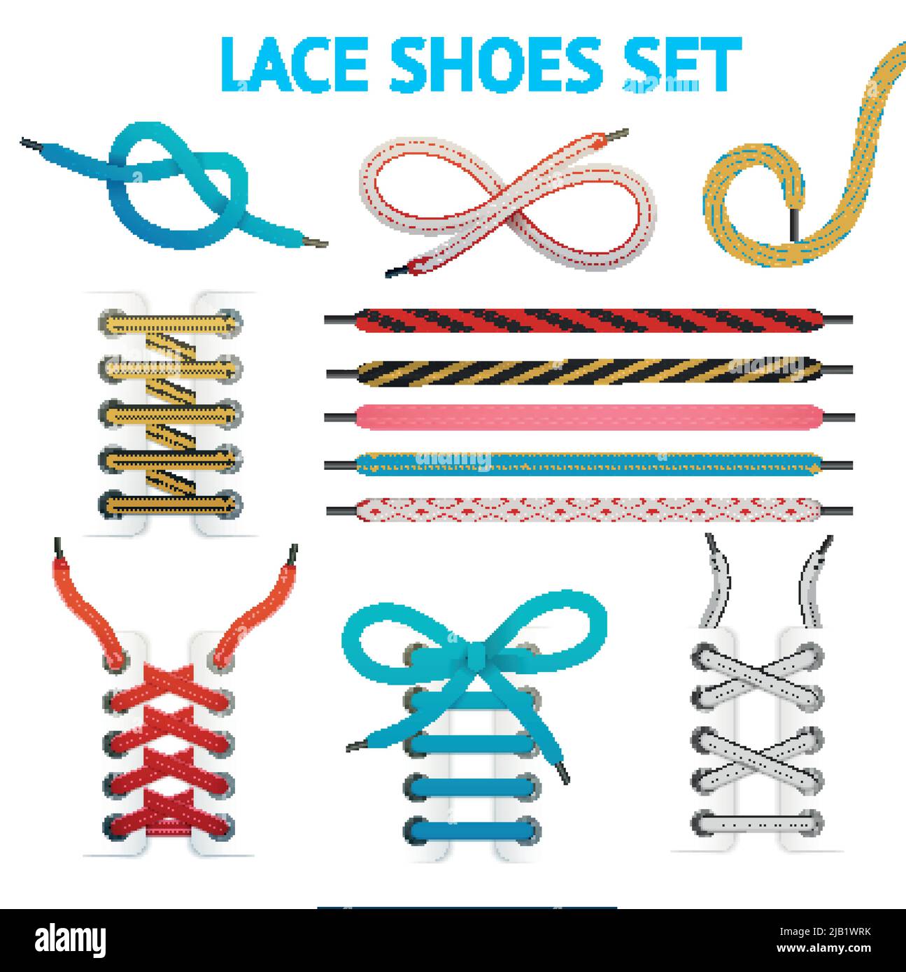 Isolated colorful shoelace icon set with different styles and colors