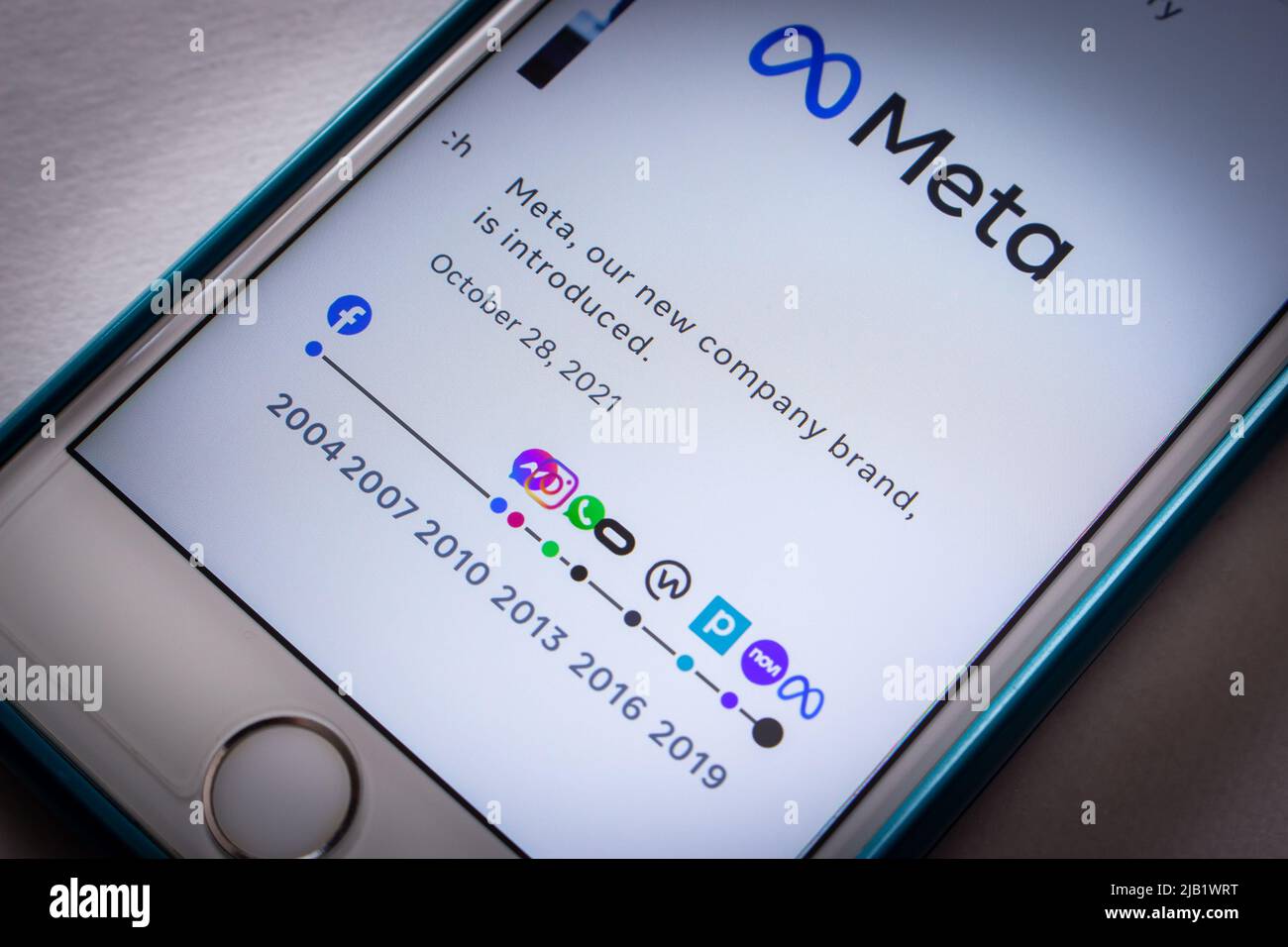 “Our History” in official website of US technology conglomerate Meta Platforms, Inc. on iPhone. In Oct 2021, Facebook Changes Corporate Name to Meta Stock Photo