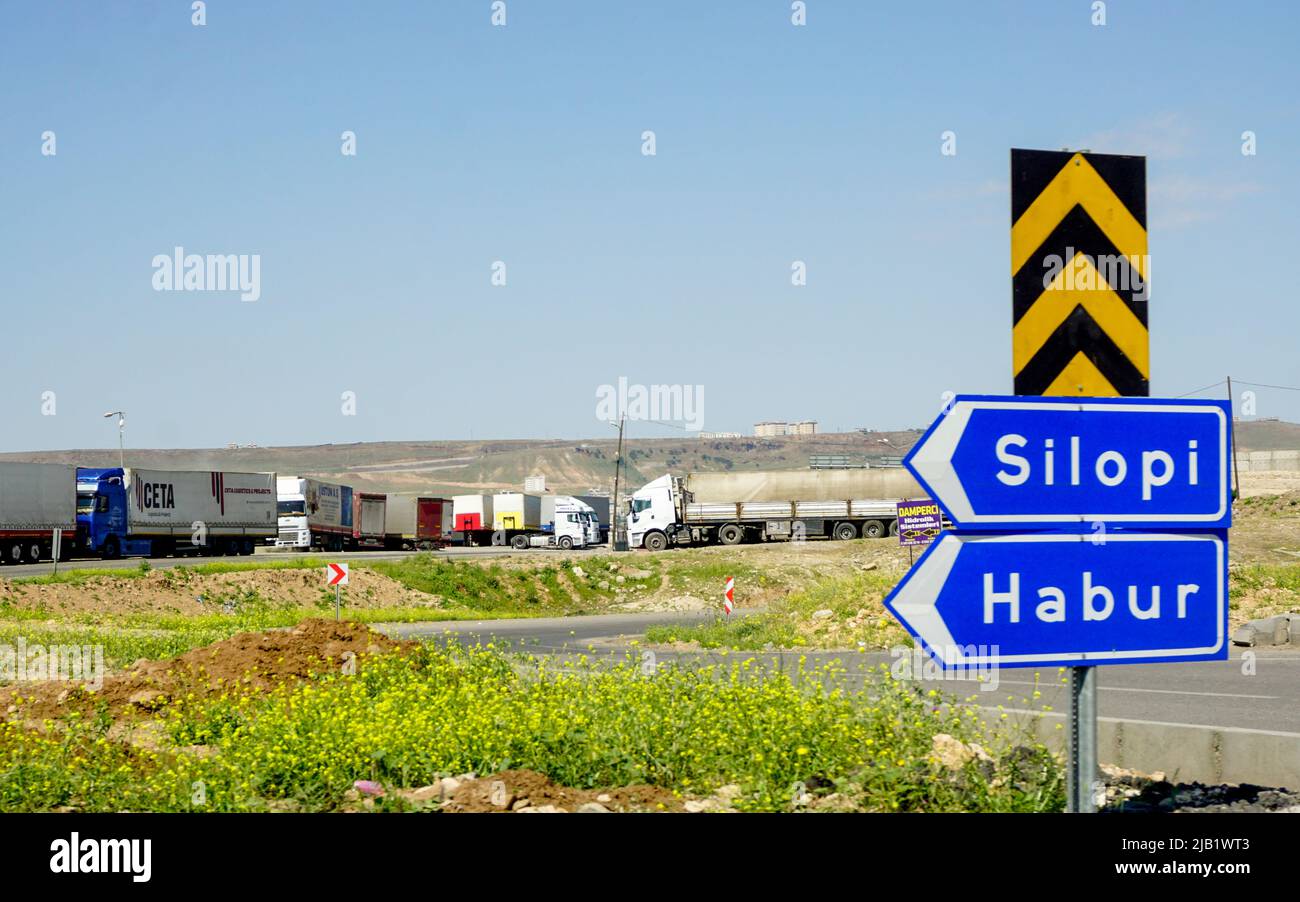 12 May 2022 Cizre Sirnak Turkey. Habur Silopi road sign on a sunny day Stock Photo