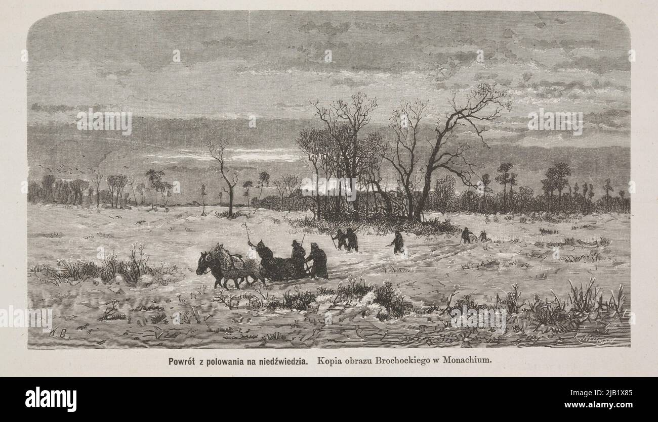Return from the hunt for the bear according to the picture of Walery Brochocki. Cleastle from Tygodnik Ilustrowany 1873 (1) 77 Neuman, Karol (around 1841 1875), Brochocki, Walery (1847 1923) Stock Photo