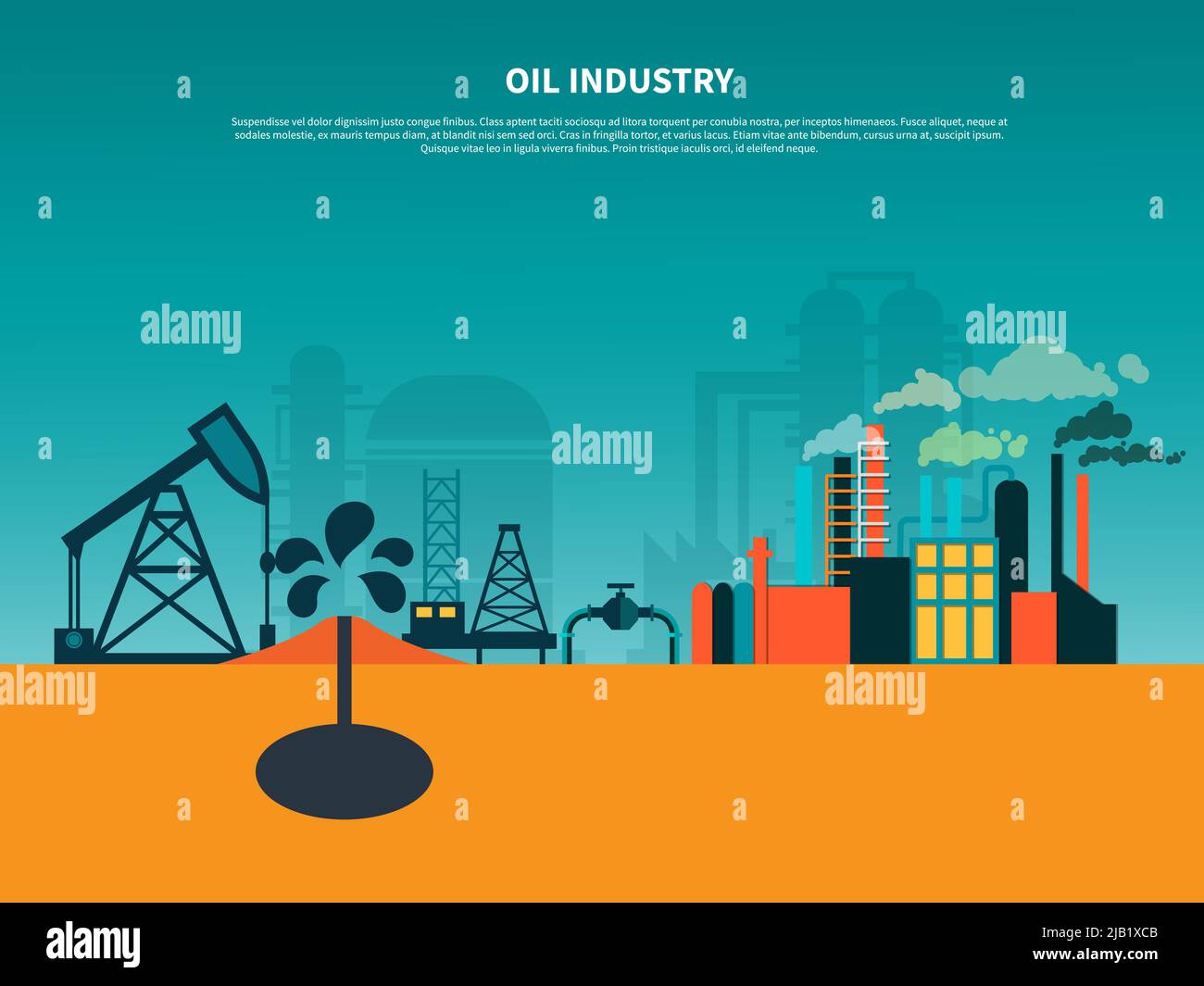Oil industry background composition with oil well derricks and