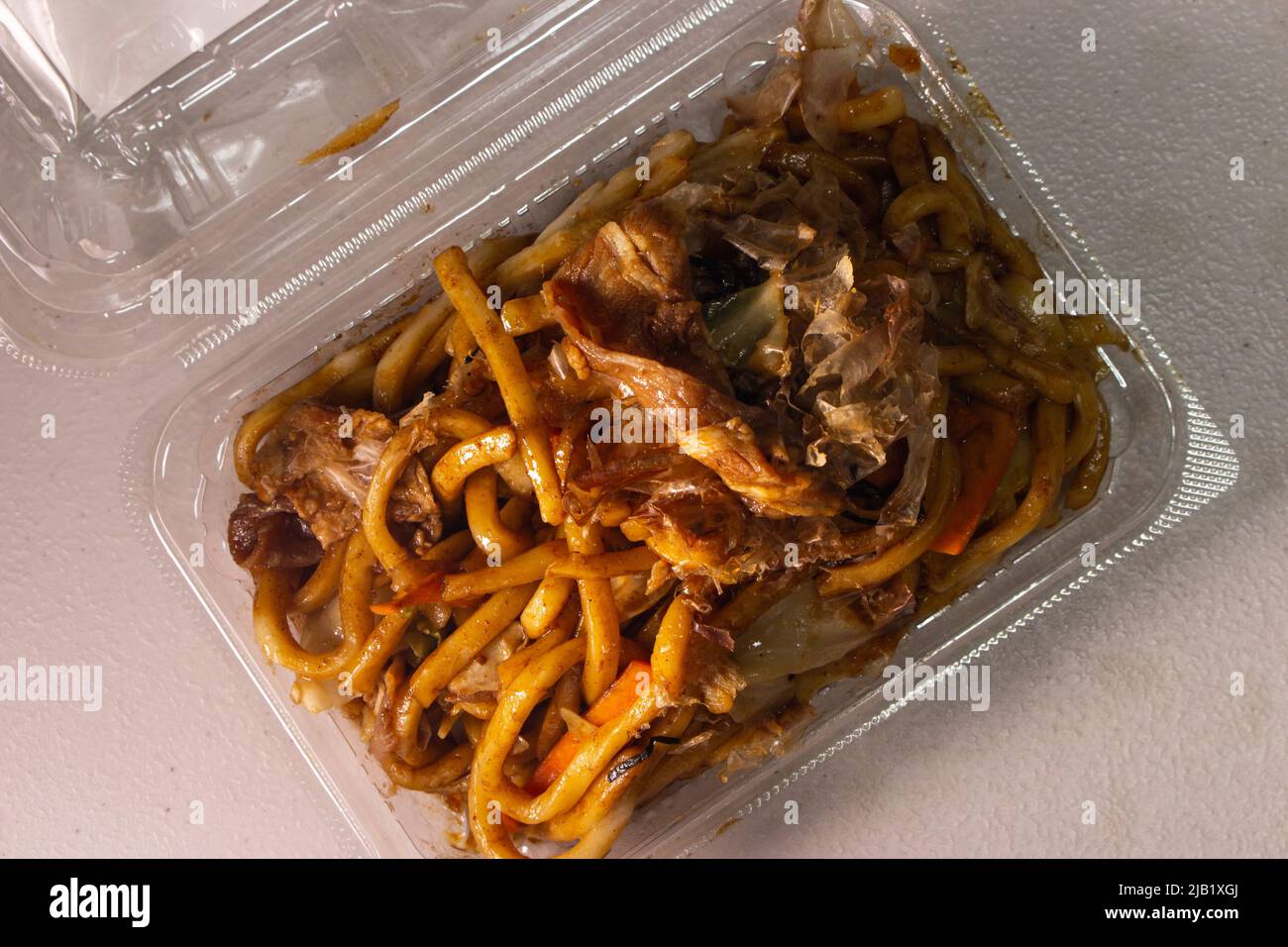Japanese Yaki Udon (fried Udon noodle) in a tray by local supermarket