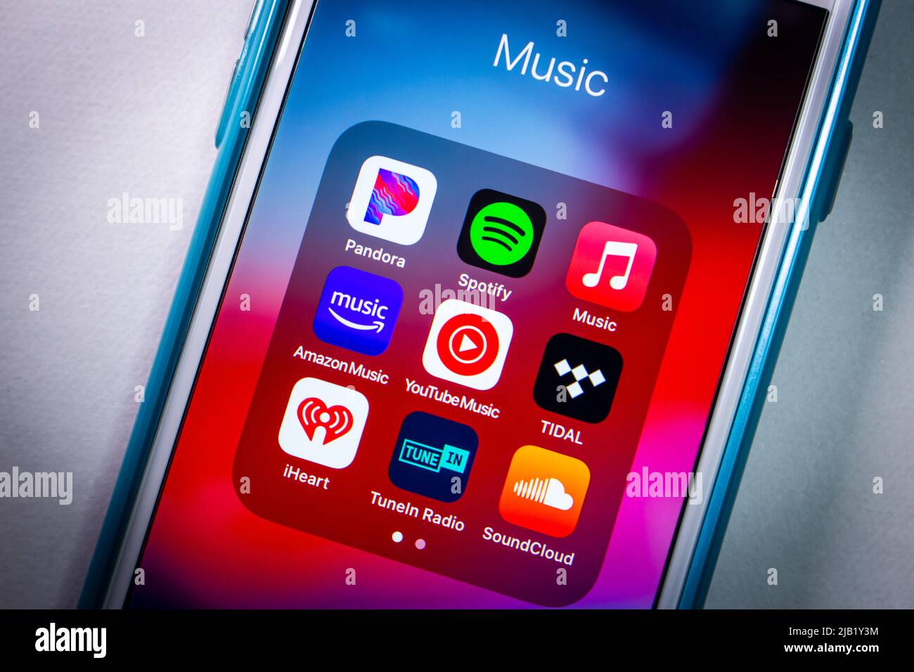 Subscription music streaming & radio apps (Pandora, Spotify, Apple Music, Amazon Music, YouTube Music, Tidal app, iHeart, Tuneln Radio, SoundCloud) Stock Photo