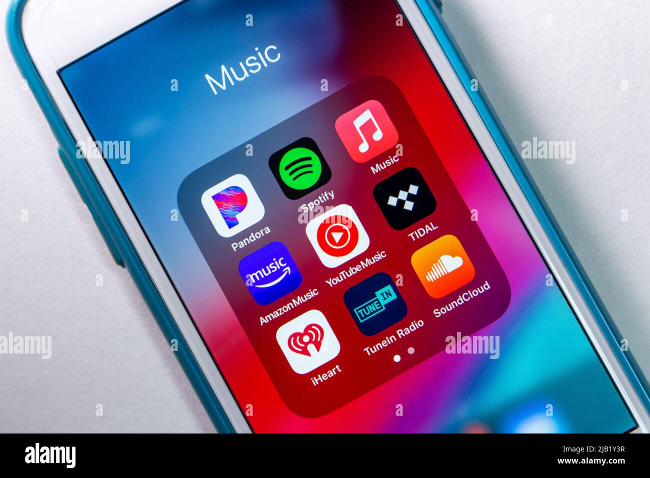 Subscription music streaming & radio apps (Pandora, Spotify, Apple Music, Amazon Music, YouTube Music, Tidal app, iHeart, Tuneln Radio, SoundCloud) Stock Photo