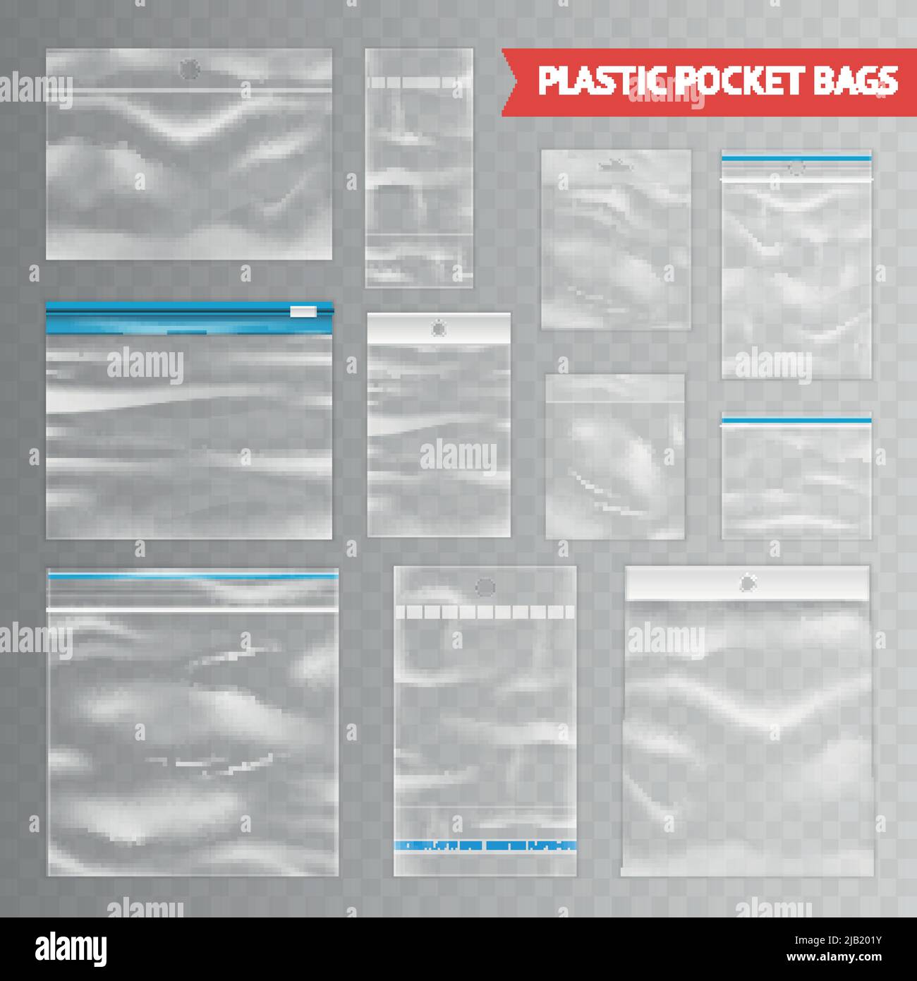 Reclosable resealable zipper clear plastic pocket bags assortment realistic collection on transparent background vector illustration Stock Vector