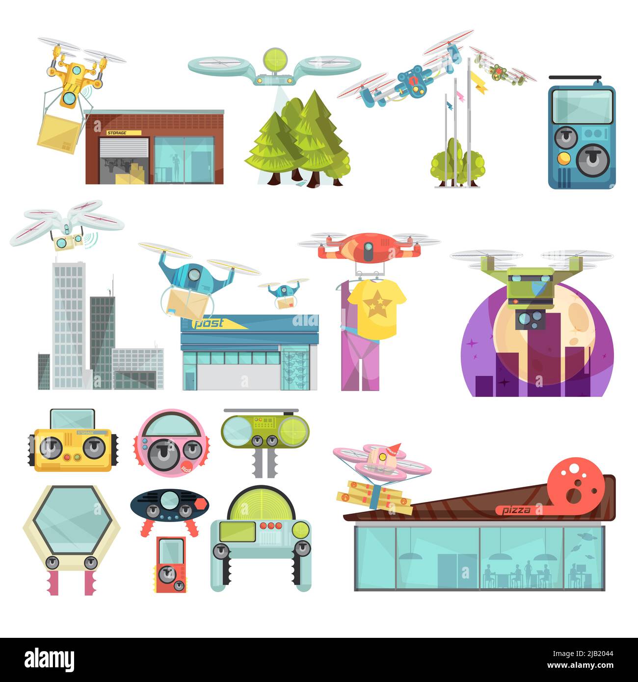 Using drone for delivery mail and pizza flat set isolated on white background vector illustration Stock Vector