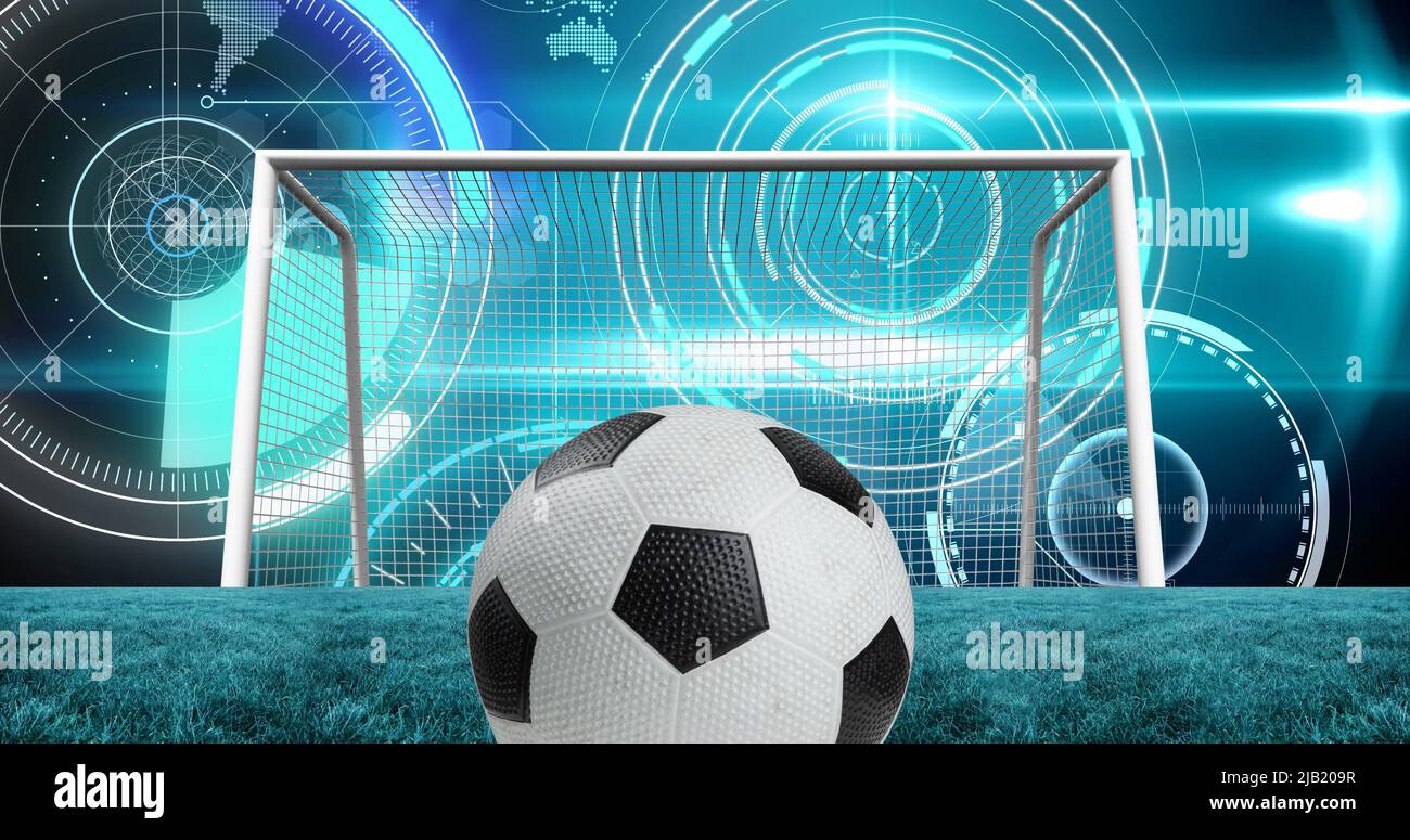 Image of scopes scanning and data processing over football goal in
