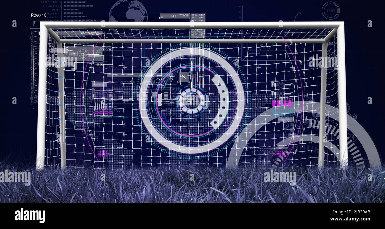 Image of scopes scanning and data processing over football goal in sports stadium Stock Photo