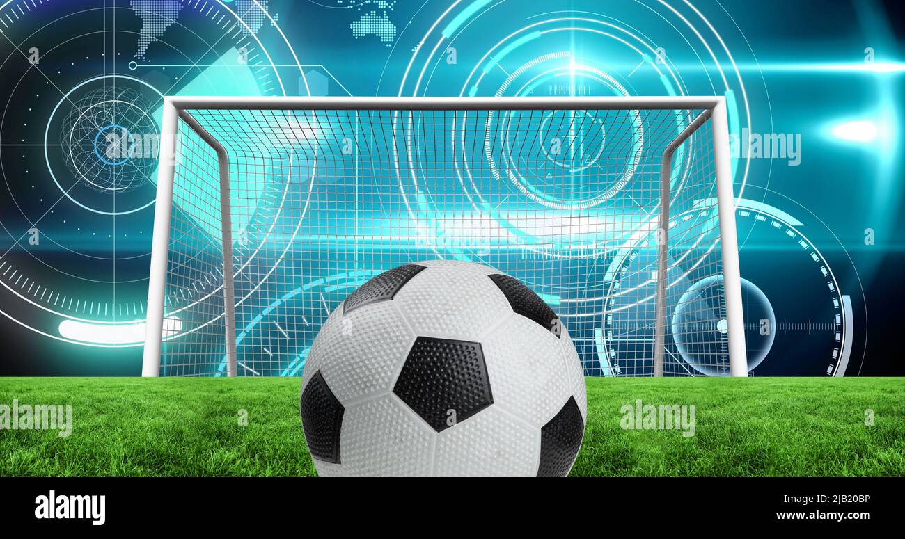 Image of scopes scanning and data processing over football in sports