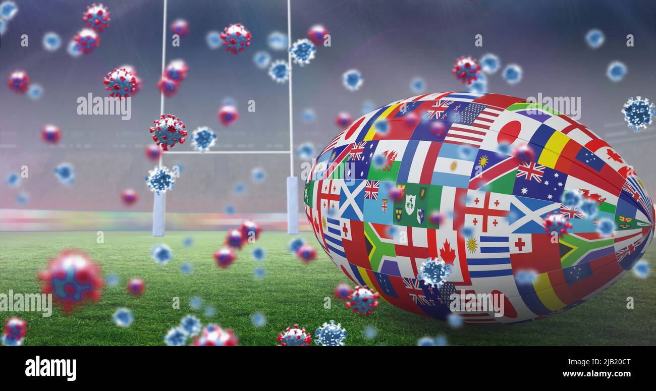 Science Rugby Background Image of covid 19 cells over rugby ball formed with flags in rugby ...
