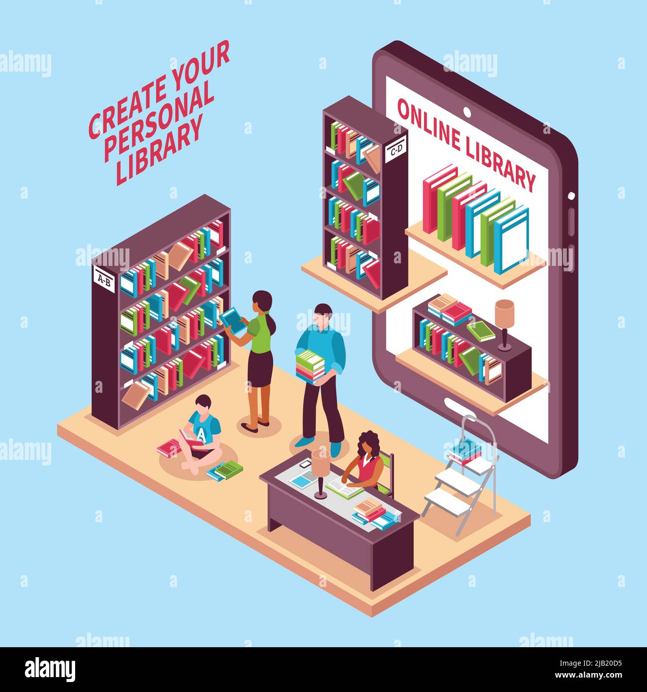 Online library isometric concept on blue background with choice of ...