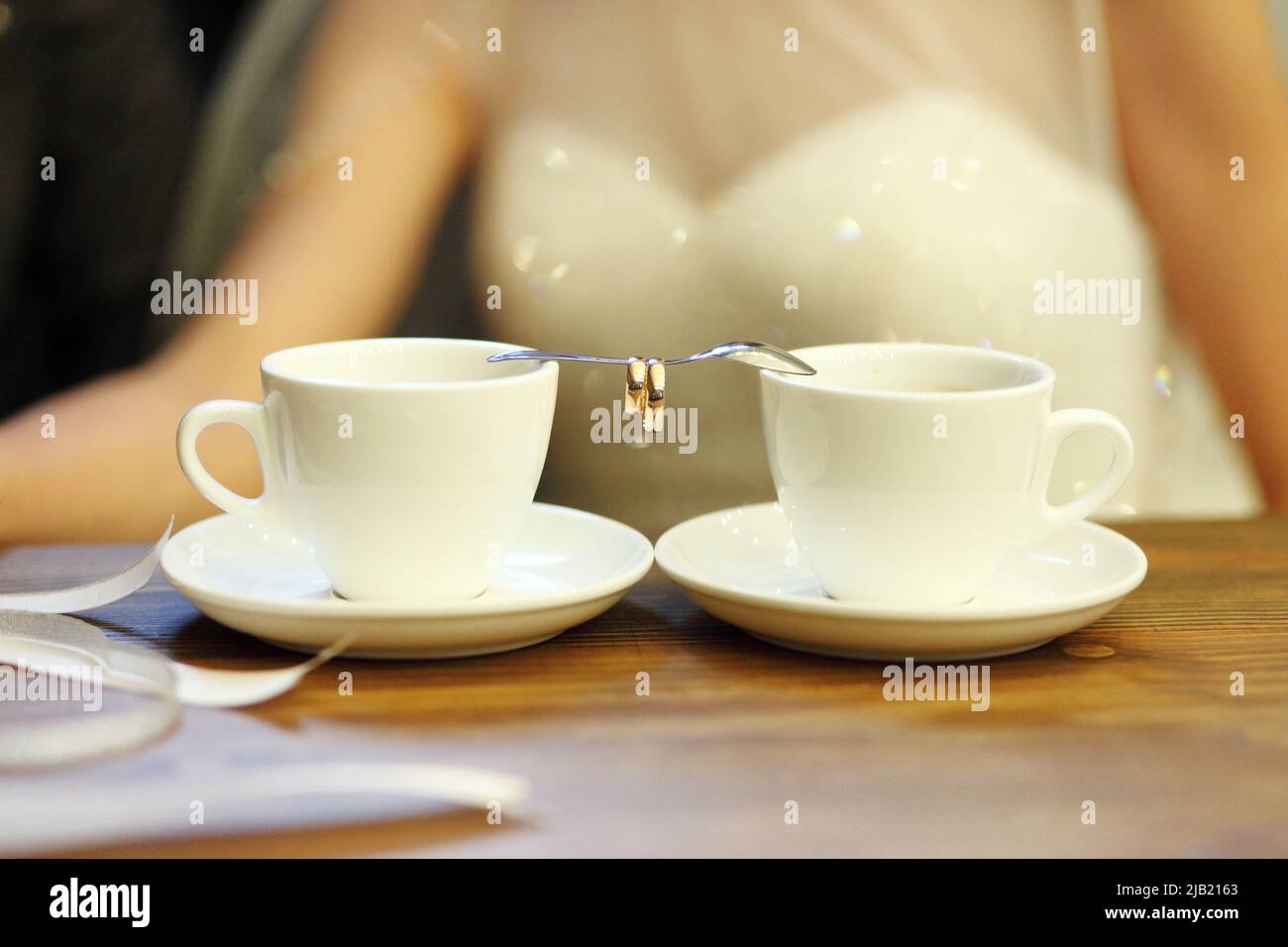 Coffee time, coffee break. Wedding day. Couple in cafe Stock Photo