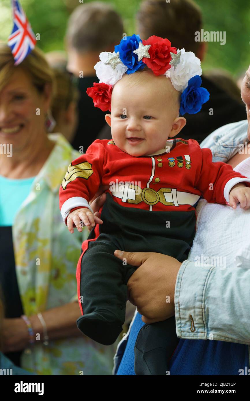 London, UK. 2nd June 2022. LONDON - JUNE 2: Four month old Ernie from Hemel Hempstead in his guardsman uniform watches the Trooping the Colour ceremony on June 2, 2022 in central London. Photo by David Levenson Credit: David Levenson/Alamy Live News Stock Photo