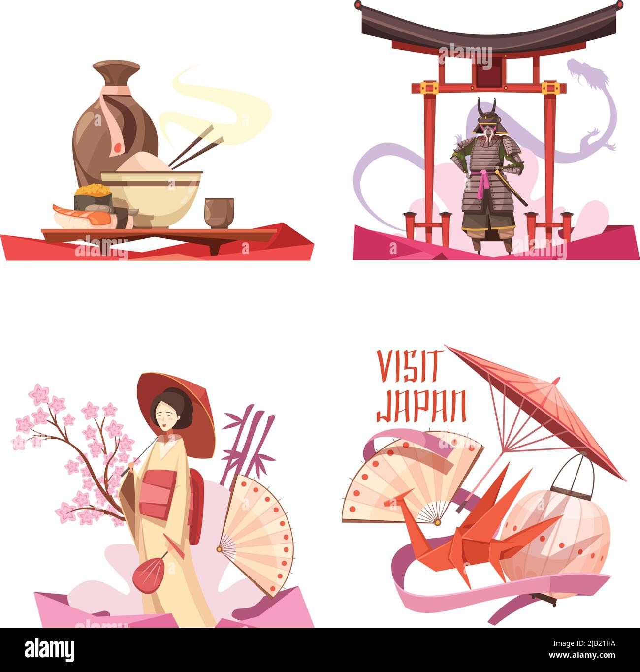 Visit japan retro cartoon compositions with drink and food religion and history traditional souvenirs isolated vector illustration Stock Vector