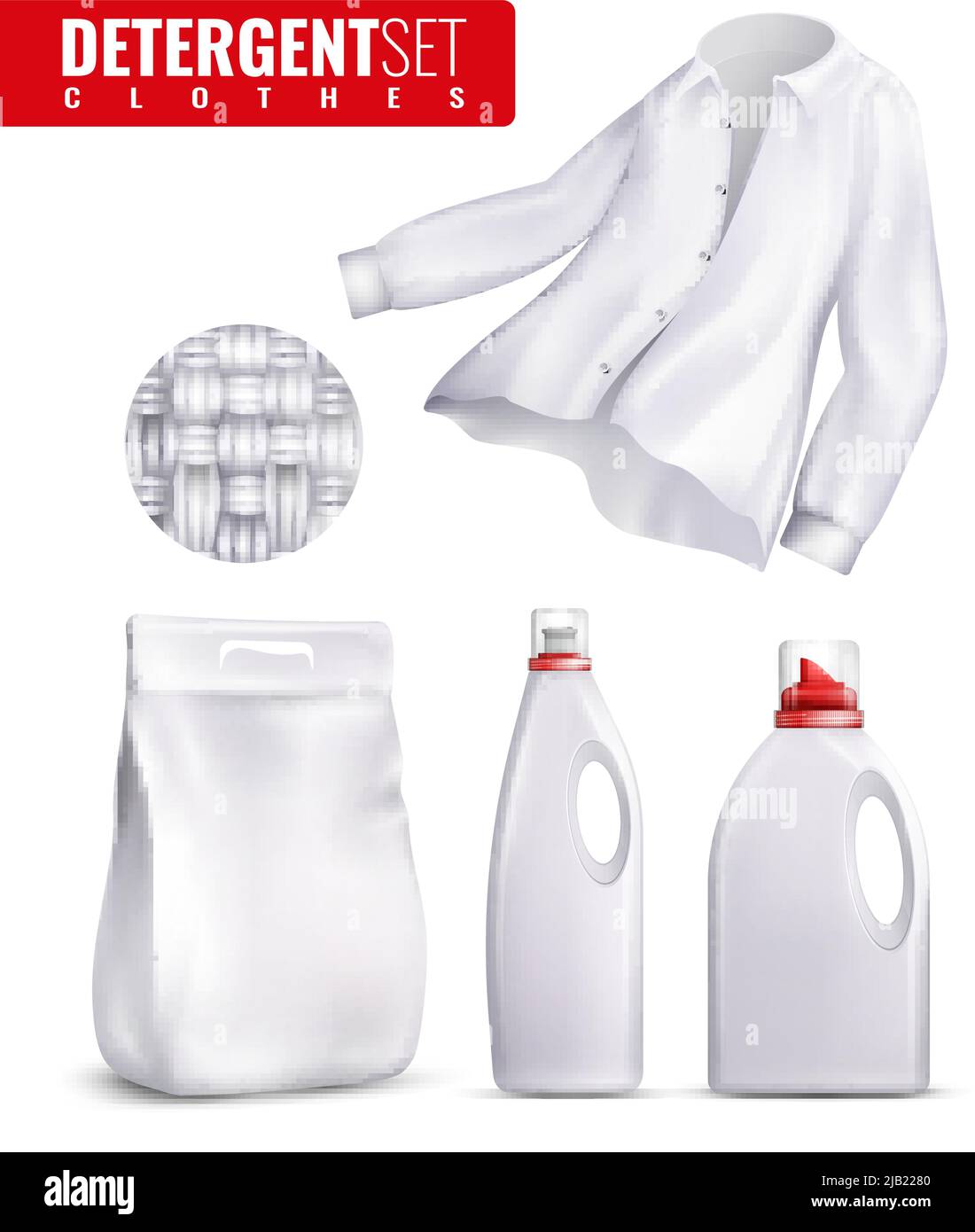 White detergents clothes icon set with laundry detergent and fabric