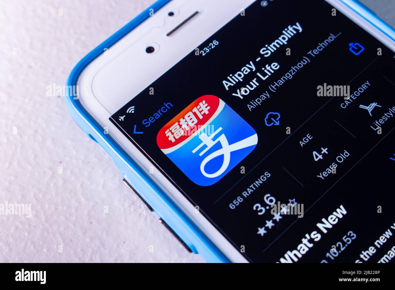 Kumamoto, JAPAN - Jan 20 2022 : Logo of Alipay, a Chinese mobile and online payment platform established by Alibaba Group, in App Store on an iPhone. Stock Photo