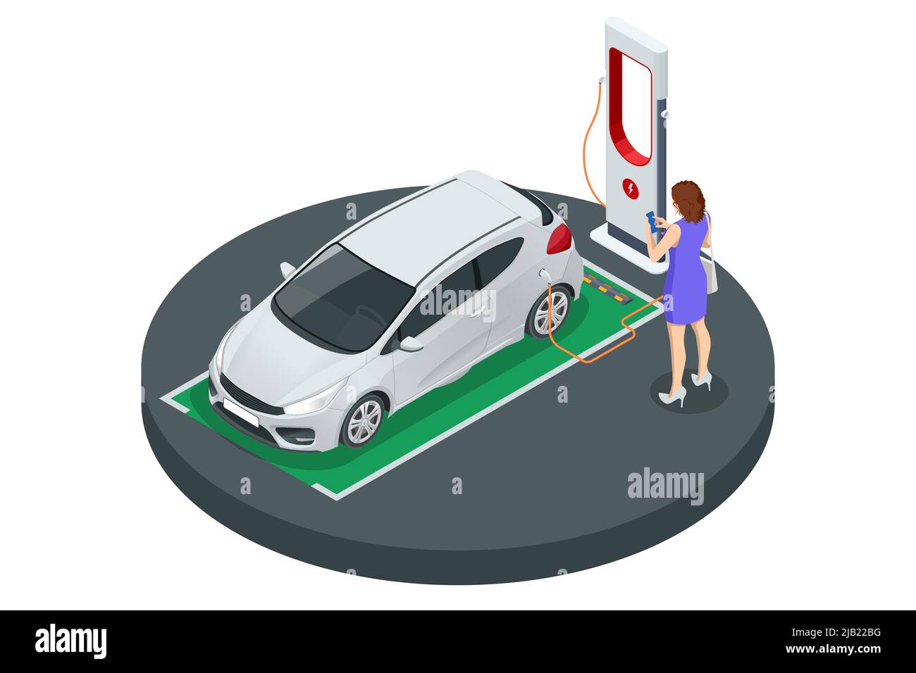Isometric EV charger station application on mobile. Car charger