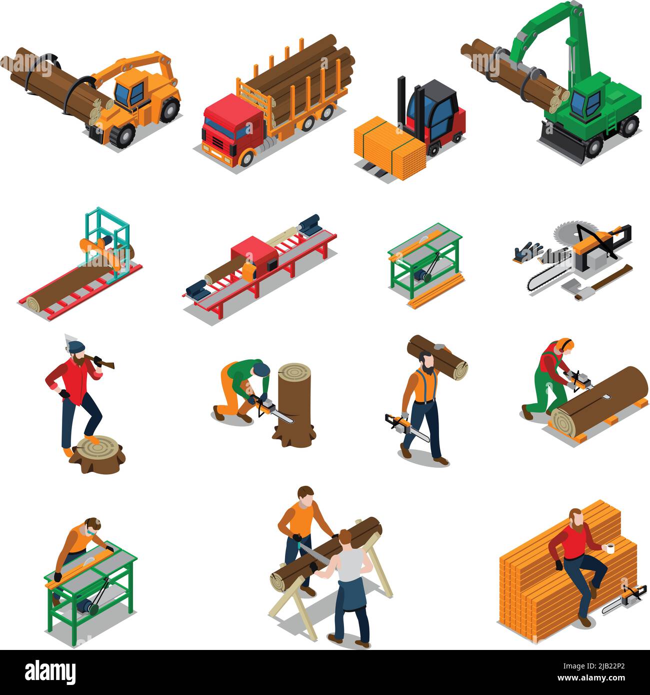 Colored and isolated sawmill timber mill lumberjack isometric icon set ...