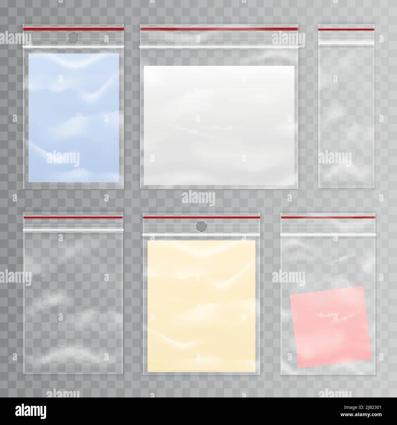 Realistic colored full and empty plastic bag icon set on transparent background vector illustration Stock Vector