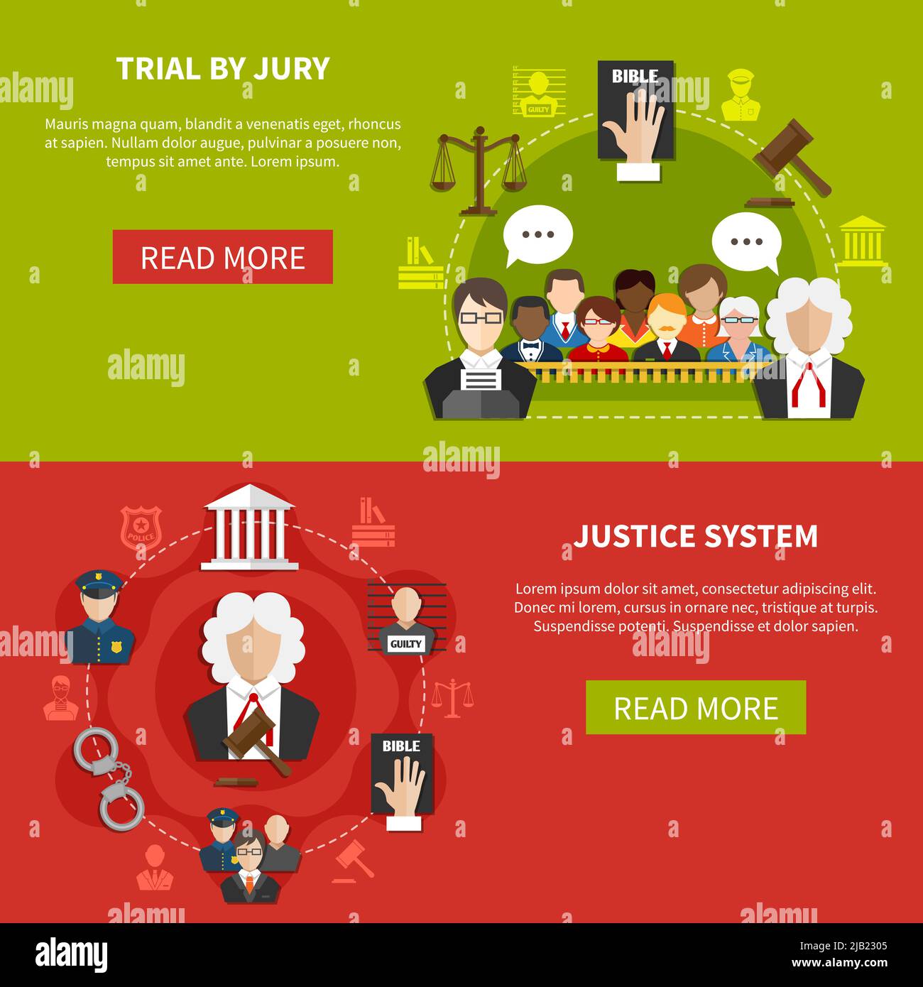 Two horizontal flat law banner set with trial by jury and justice system descriptions vector illustration Stock Vector