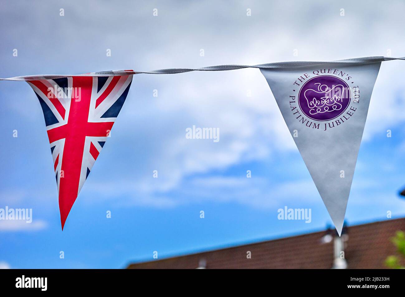 Bunting for the Queen Elizabeth II Platinum Jubilee in 2022 celebrating 70 years on the throne Stock Photo
