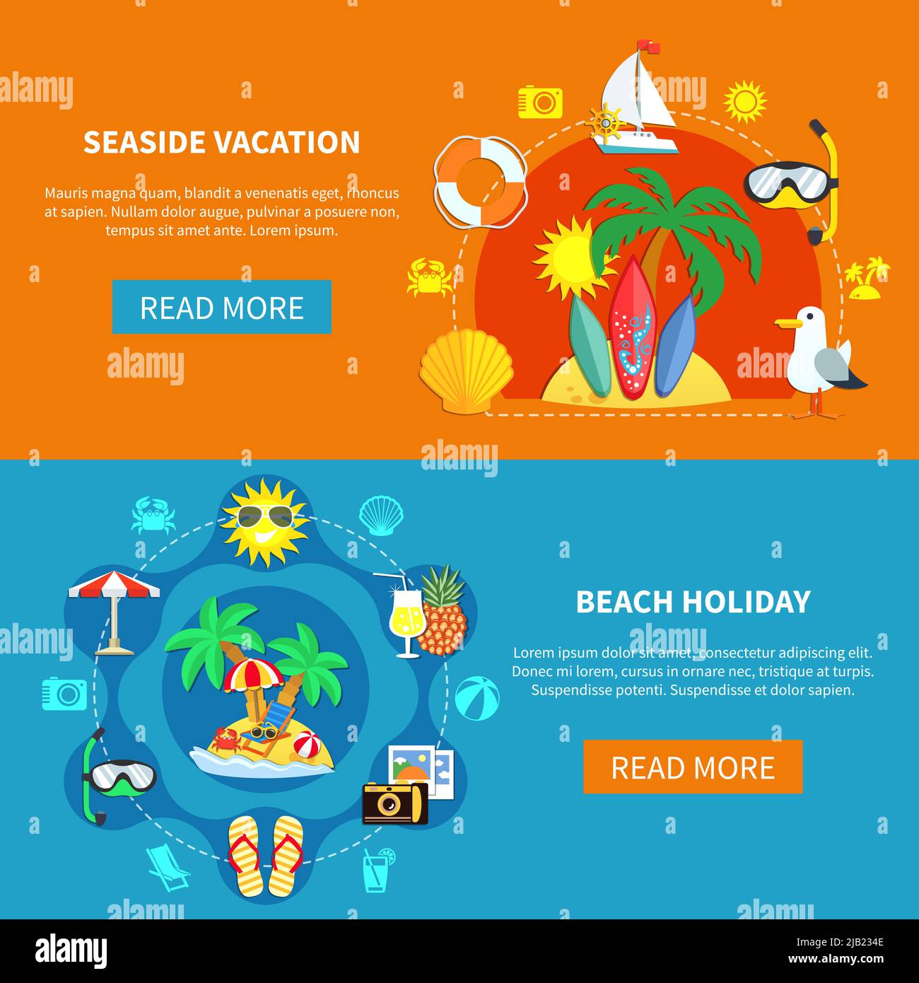 Vacation travel flat horizontal banners collection with summer beach recreation pictogram silhouettes and read more button vector illustration Stock Vector
