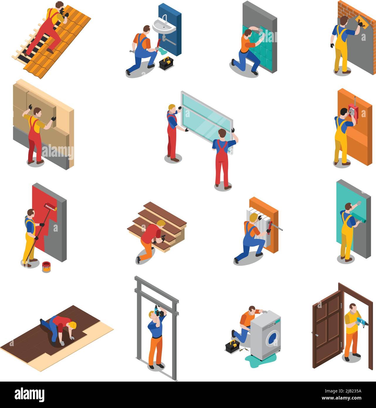 Colored isolated home repair worker people isometric icon set with different types of workers vector illustration Stock Vector