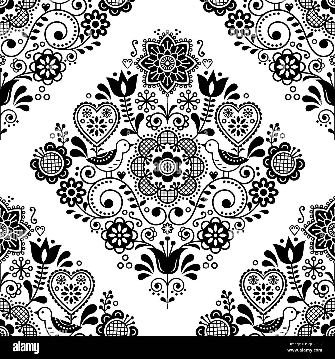Scandinavian seamless folk art vector pattern with birds and flowers ...