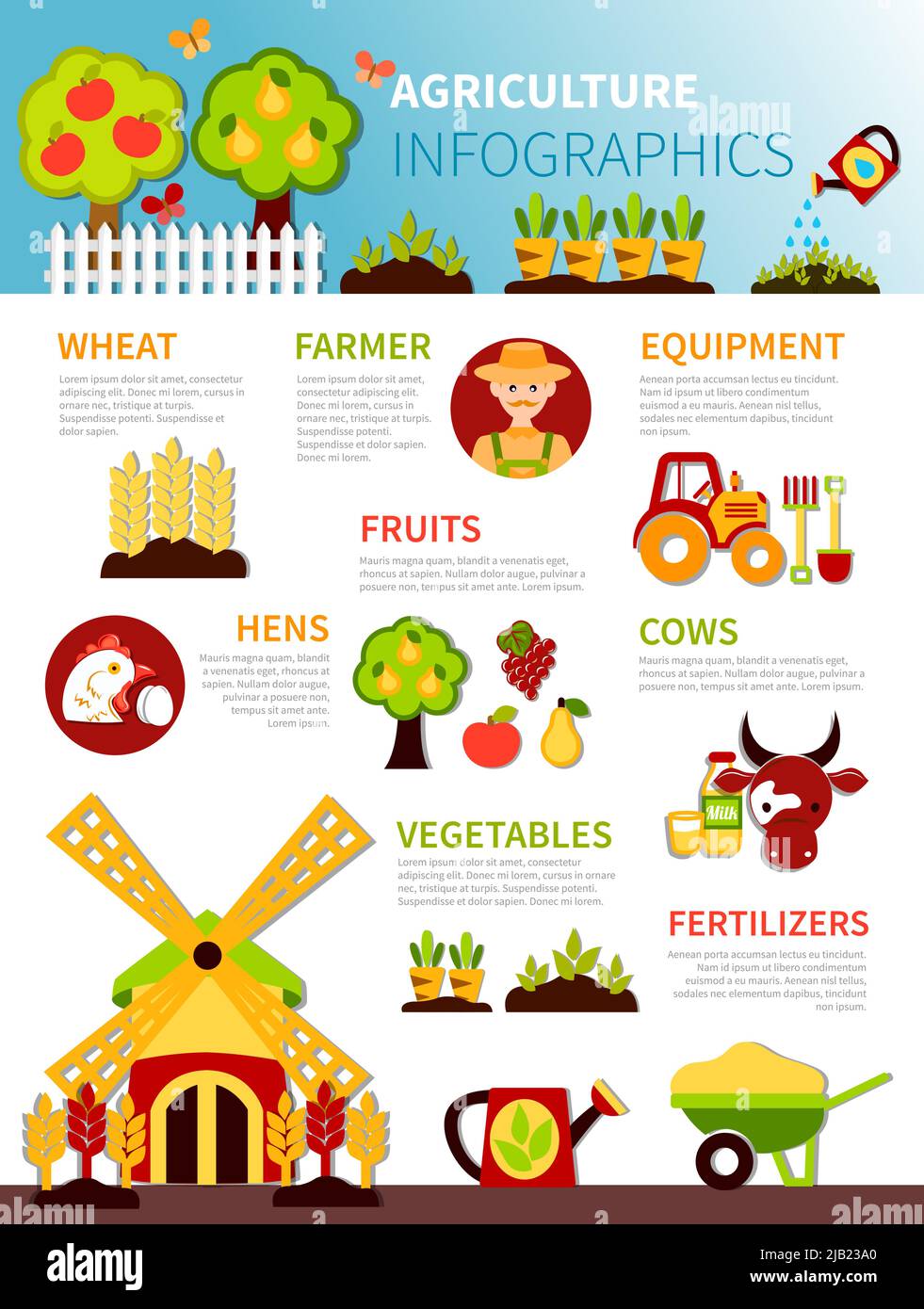 Agriculture infographics with flat trees fruits outdoor bed vegetables farming equipment watering pot barrow with text vector illustration Stock Vector